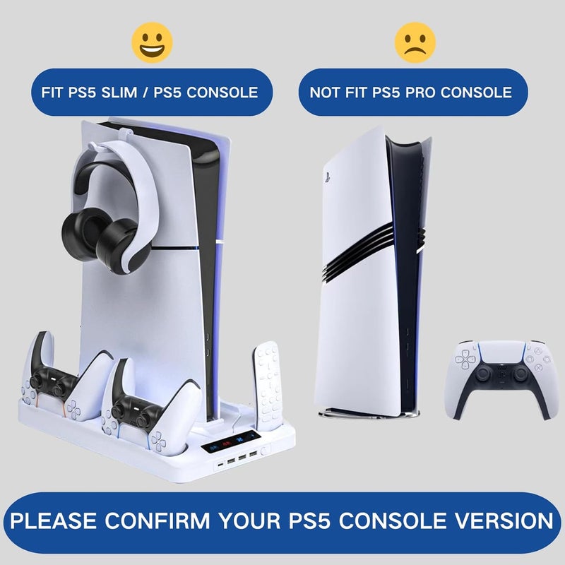URXTRAL PS5/PS5 Slim Cooling Station, PS 5 Stand with Controller Charger for Playstation 5 Disc Console& Digital Console, for Playstation 5 Cooling Fan Accessories, LED,USB Hubs,Headset Holder,Games Slot - Image 2
